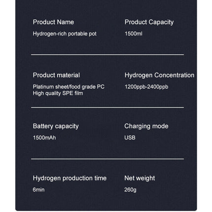 Hydrogen Water Bottle 1.5L Hydrogen Rich Portable Rich Hydrogen Water Generator