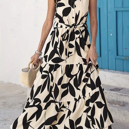 Elegant Sleeveless Printed Shirt Dress Ruffled Hem