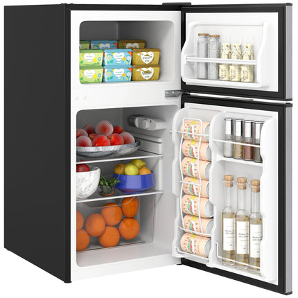 3.2 Cu.Ft Mini Fridge with Freezer, Double Door Compact Refrigerator with Adjustable Thermostat, Shelf and Reversible Door for Bedroom, Dorm, Home Office, Energy Efficient, Black