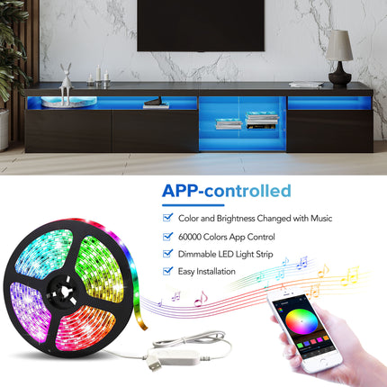 Unique Design TV Stand With 2 Glass Shelves, Ample Storage Space Media Console For TVs Up To 105, Versatile TV Cabinet With LED Color Changing Lights For Living Room, Black