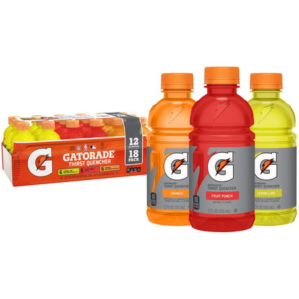 Gatorade Thirst Quencher, Lemon-Lime, Orange, Fruit Punch Variety Pack, 12 Fl Oz (Pack of 18)