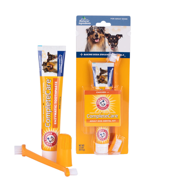 Arm & Hammer Complete Care Dog Dental Kit - 2.5oz Chicken Flavored Dog Toothpaste, Double Side Toothbrush, Rubber Finger Brush - Baking Soda Enhanced Formula