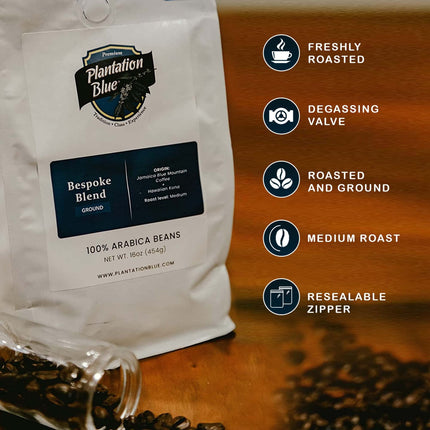 PREMIUM PLANTATION BLUE TRADITION CLASS EXPERIENCE 100% Blue Mountain Coffee Jamaica, Medium Roasted & Ground (8oz)