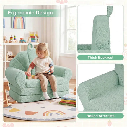 2-in-1 Flip Open Kids Sofa Lounger, Teddy Fleece Toddler Couch With Carry Handle For Ages 3+ (Green)