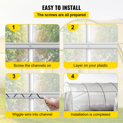 Spring Wire And Lock Channel, 6.56ft Spring Lock & U-Channel Bundle For Greenhouse, 50 Packs PE Coated Spring Wire & Aluminum Alloy Channel, Plastic Poly Film Or Shade Cloth Attachment W/Screws