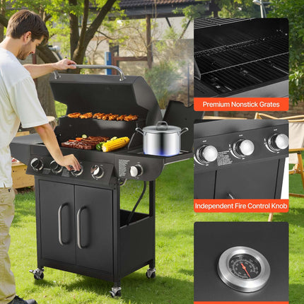 Gas Grill, 4 Burner Propane Gas Grill With Side Burner, 425 SQ.In Grilling Area, Carbon Steel Enamel Grates, Outdoor 52,000 BTU Patio Garden BBQ Grills With Two Side Shelves, Carbon Steel