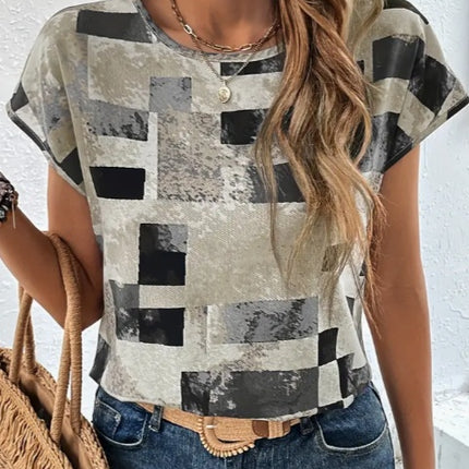 Women's Chic Geometric Aztec Print T-Shirt - Casual Crew Neck, Durable Non-Stretch Fabric, Ideal For Summer Wear