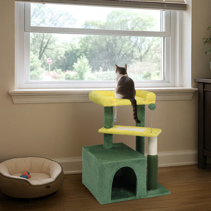 27.5in Cat Tree, Multi-level Cat Tower With Cat Scratching Post And Pad, Cozy Cat Condo, Padded Top Bed For Kittens And Indoor Cats, Yellow & Green