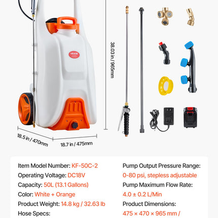 13.1Gal Battery Powered Sprayer With Cart Wheeled 0-80 PSI Electric Weed Sprayer