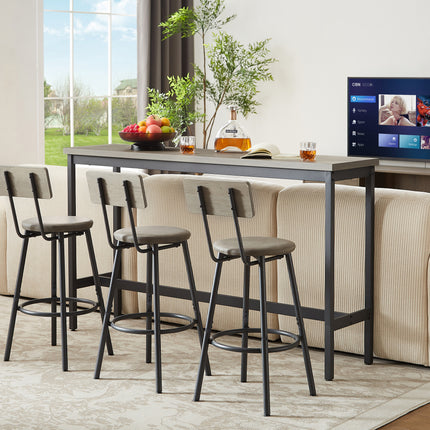Long Bar Table Set With 3 PU Upholstered Bar Stools, Industrial Bar Table And Chairs For Kitchen Breakfast Table, Living Room, Banquet Hall, Rustic Gray And Black, 63inL X15.7 W X 37.5 H