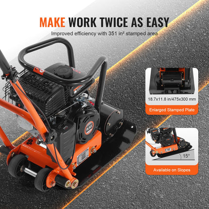 78.5CC Gas Engine 5,250 VPM, 1,920 Lbs Force Vibratory Compaction Tamper With 18.7 X 11.8 Inch Plate For Walkways, Patios, Asphalts, Paver Landscaping