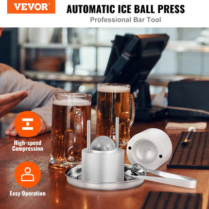 Ice Ball Press, 2.4' Ice Ball Maker, Aircraft Al Alloy Ice Ball Press Kit For 60mm Ice Sphere, Ice Press With Tong And Drip Tray, For Whiskey, Cocktail, Bourbon, Scot On Party & Holiday, Silver
