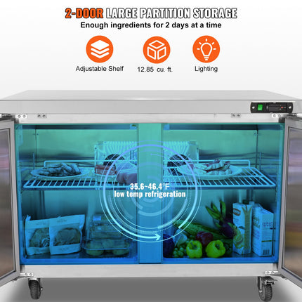 Commercial Refrigerator, 48' Worktop Undercounter Refrigerator, 12.85 Cu. Ft Thick Stainless Steel Refrigerated Food Prep Station, 2 Door Worktop Fridge With Lock For Restaurant, Bar, Diner