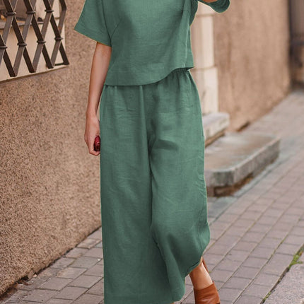 European And American Women's Linen Casual Loose Solid Color Suit Two-piece Women