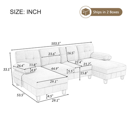 U-shaped Sectional Sofa 103.5 Chenille Fabric Couch With Dual Chaise Lounges, Storage Pockets And Armrest Pillows For Living Room, Grey