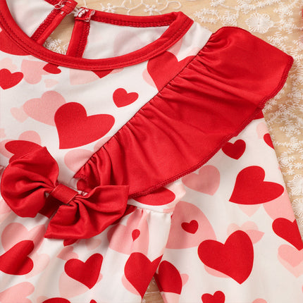 Baby Valentine's Day Romper, Heart Print Long Sleeve Bodysuit With Bow And Ruffle Trim