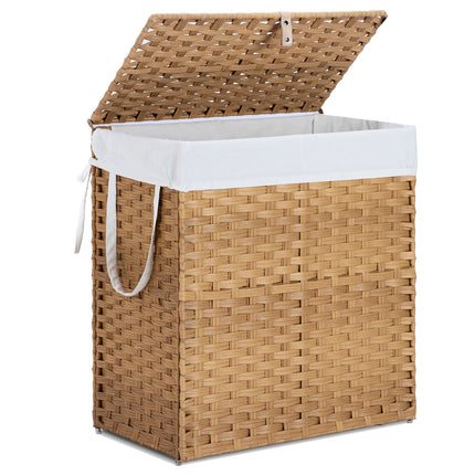 Laundry Basket With Lid, 110 L Hand-Woven Pp Rattan Laundry Basket With Compartments & Handles, Foldable, Removable Liner