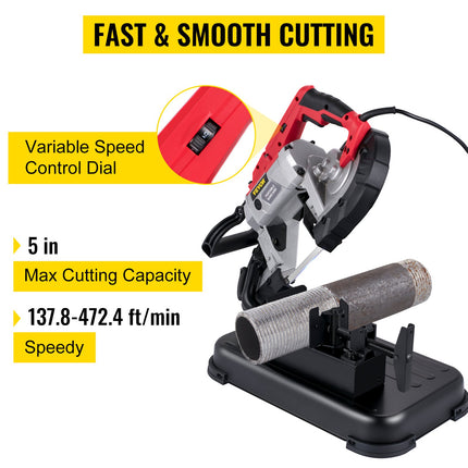 Portable Band Saw, 110V Removable Alloy Steel Base Cordless Band Saw, 5 Inch Cutting Capacity Hand Held Band Saw,Variable Speed Portable Bandsaw, 10Amp Motor Deep Cut Band Saw For Metal Wood