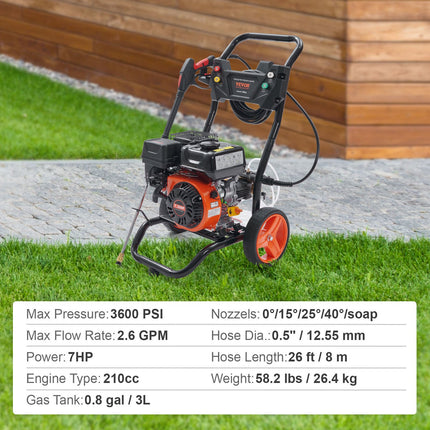 Gas Pressure Washer, 3600 PSI 2.6 GPM, Gas Powered Pressure Washer With Copper Pump, Spray Gun And Extension Wand, 5 Quick Connect Nozzles, For Cleaning Cars, Homes, Driveways, Patios