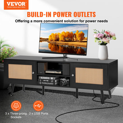Rattan TV Stand For 65 Inch TV, Boho TV Stand With Rattan Door, Entertainment Center With Build-in Socket And USB Ports, Modern TV Console For Living Room, Media Room, Black