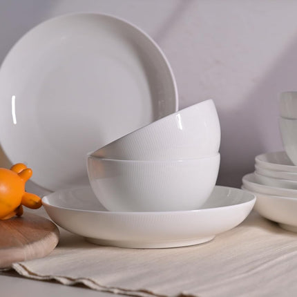 Setaria Bone China Dinnerware Set, 12 Pieces, Service For 4, Plates, Dishes, Bowls Set, Microwave And Dishwasher Safe, Ivory White With Narrow Curve Stripe