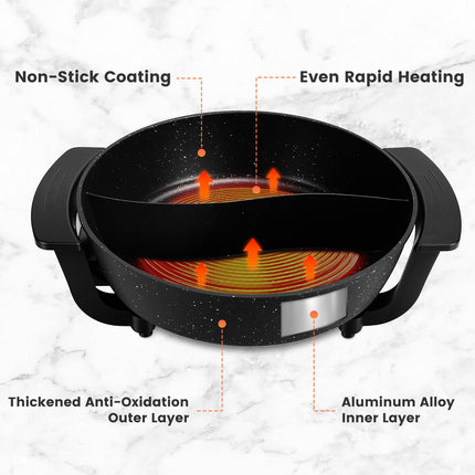 6L Electric Hot Pot With Divider 1100W Dual-Flavor Pot Shabu Shabu Pot Non-Stick With 5-Temp Control For Shabu Shabu Fondue Perfect For Family Gatherings & Parties