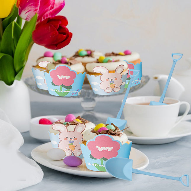 Cute Cupcake Liners Wrappers With Plastic Spoons Bunny Flower Pattern Paper Baking Cup Scalloped Edge Cupcake Muffin Cases For Easter Spring Birthday Wedding Holiday Party Supplies