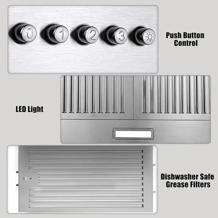 Range Hood 36 Inch;  Wall Mount Vent Hood In Stainless Steel With Ducted/Ductless Convertible Duct;  3 Speed Exhaust Fan;  Energy Saving LED Light;  Push Button Control;  3 Pcs Baffle Filters