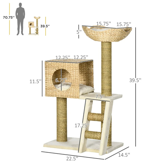 PawHut Cattail Weave Cat Tree For Indoor Cats Kitty Tower With Rattan Cat Condo, Wicker Bed, Ladder, Washable Cushions