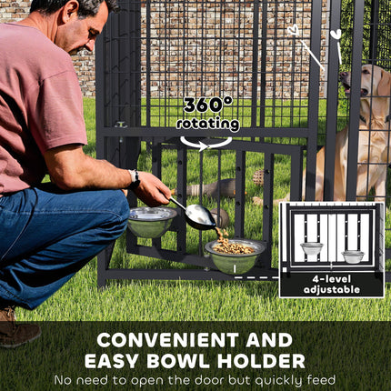 Welded Wire Outdoor Dog Kennel With 360 Rotating & 4 Levels Adjustable Bowls, Waterproof Cover, 7.9 X 4 X 6
