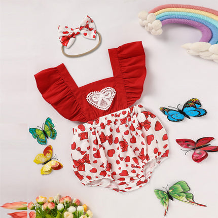 Baby Newborn Comfortable Romper, Sweet Heart & Bow Print Onesie With Ruffle Trim And Snap Closure