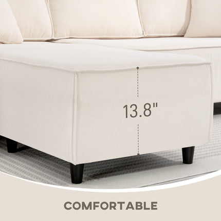 Corner Sofa With Reversible Chaise Lounge, Corduroy L-Shaped Sectional Sofa With Pocket Spring, Cream White