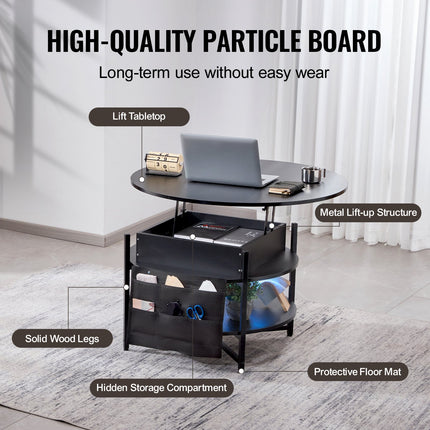 Lift Top Coffee Table, 35.3 In Round Coffee Table With Extra Storage Pockets, Pop Up Coffee Table For Living Room, Black