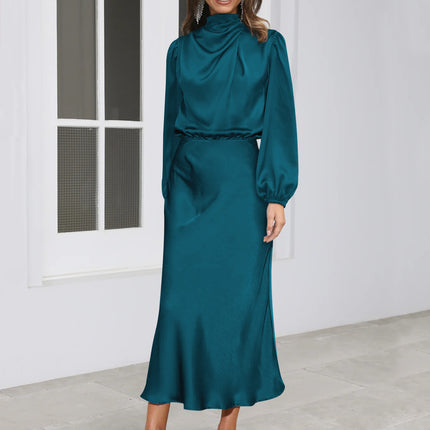 Elegant Temperament Long-sleeved Dress Satin Halterneck Formal Evening Dresses Women Clothing
