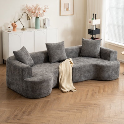 Modern Style Curved Sofa, Soft Corduroy Sofa With 3 Pillows, Living Room Milky White Ultra Smooth Curved Fabric Sofa