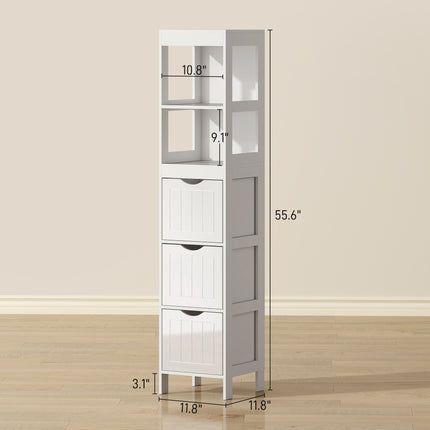 Narrow Bathroom Storage Cabinet, Bathroom Cabinet with 3 Drawers & 2 Open Shelves, Slim Bathroom Floor Cabinet, White