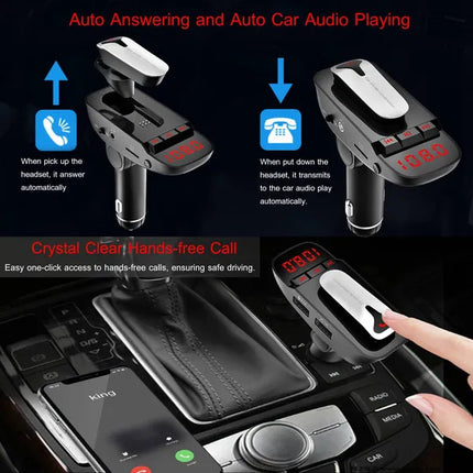 Car FM Transmitter W/ Wireless Earpiece 2 USB Charge Ports Hands-free Call MP3 Player