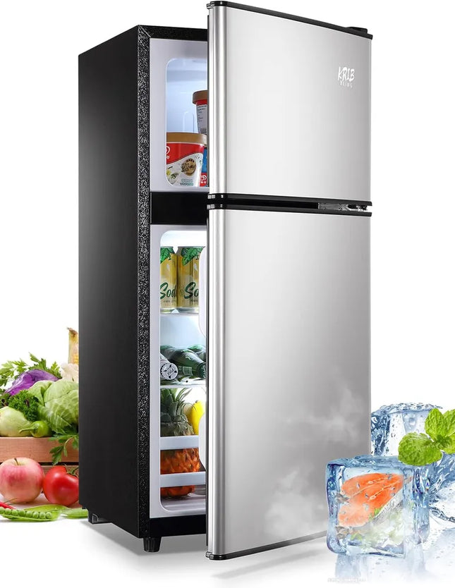KRIB BLING 3.5Cu.Ft Compact Refrigerator Mini Fridge With Freezer, Small Refrigerator With 2 Door, 7 Level Thermostat Removable Shelves For Kitchen, Dorm, Apartment, Bar, Office, Silver/Black/Blue
