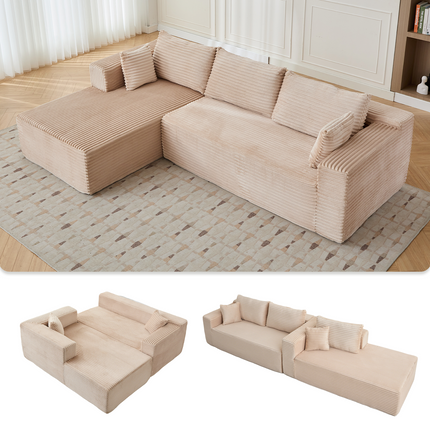 Compression Sectional Couch With Comfy Chaise, Boneless L Shape Sofa With Deep Seat, Minimalist Modular Couches Sleeper For Living Room Bedroom Apartment Lounge,corduroy,Beige