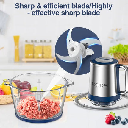 KOIOS 2L Electric Food Chopper Processor Vege Meat Grinder Mixer 2 Bowls Stainless Steel Glass