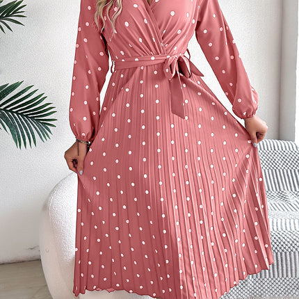 Spring Summer Elegant Long Dress Cross V-Neck Contrast Polka Dot Long Sleeve Pleated Bridesmaid Dresses