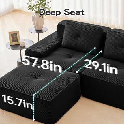82 Modern L-Shaped Modular Sectional Sofa For Living Room, Corduroy Fabric, 2-Seater Couch With Deep Seat , Pearl-like Piping, Tufted Design, No Assembly, Anti-slip Design, Black