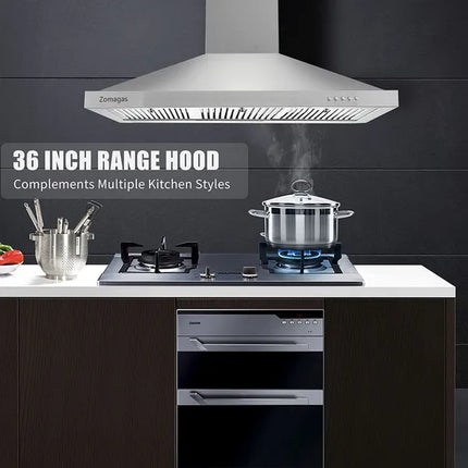 Range Hood 36 Inch;  Wall Mount Vent Hood In Stainless Steel With Ducted/Ductless Convertible Duct;  3 Speed Exhaust Fan;  Energy Saving LED Light;  Push Button Control;  3 Pcs Baffle Filters