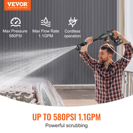 VEVOR Cordless Pressure Washer, 580-PSI 1.1 GPM Portable Power Cleaner, Handheld High-Pressure Car Washer Gun With 4.0Ah Battery, Charger, 6-in-1 Nozzle, For Home Floor Cleaning & Watering