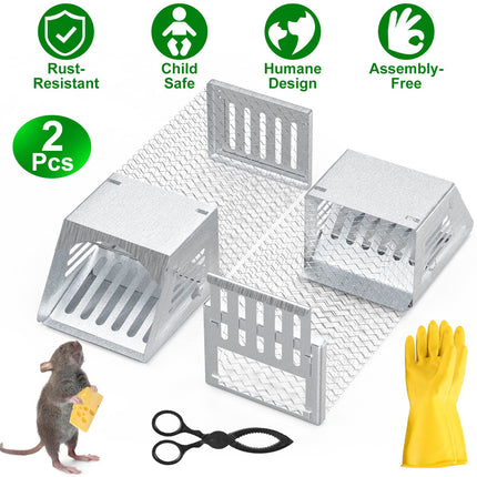 2Pcs Humane Mouse Trap Cage No Assembly Need Automatic Continuous Rat Trap With Single Way Door Reusable Catch And Release Live Cage Trap For Rodents Moles Voles Mice For Spring Summer