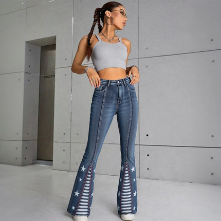 Women's High Waisted Star Patchwork Flare Bell Bottom Denim Pants 4th Of July Outfits For Curvy Girls Slim Fit Curve Enhancing Soft Stretch Fabric