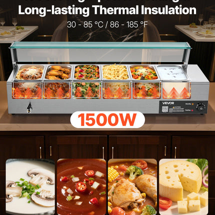 Commercial Food Warmer 6 X 1/3 Size Pans Buffet Bain Marie With Glass Cover