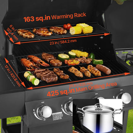Gas Grill, 4 Burner Propane Gas Grill With Side Burner, 425 SQ.In Grilling Area, Carbon Steel Enamel Grates, Outdoor 52,000 BTU Patio Garden BBQ Grills With Two Side Shelves, Carbon Steel