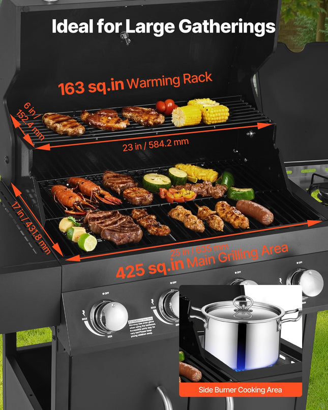 Gas Grill, 4 Burner Propane Gas Grill With Side Burner, 425 SQ.In Grilling Area, Carbon Steel Enamel Grates, Outdoor 52,000 BTU Patio Garden BBQ Grills With Two Side Shelves, Carbon Steel