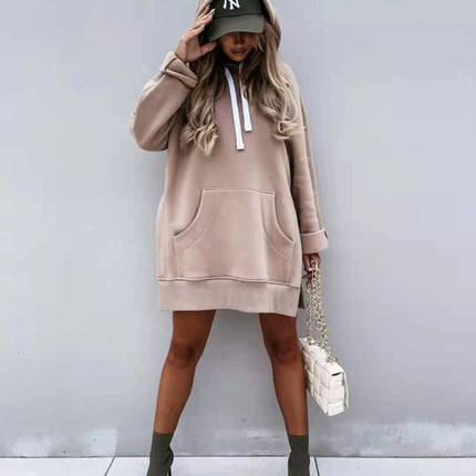 Women's Hooded Sweatshirt With Pockets Fashion Casual Split Mid-length Sweater Drawstring Tops